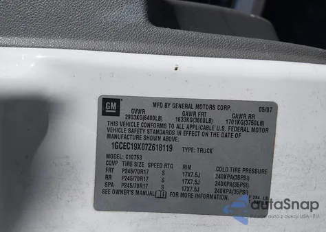 2007 Chevrolet Silverado 1500 Work Truck z USA, uszkodzony, nr VIN 1GCEC19X07Z618119